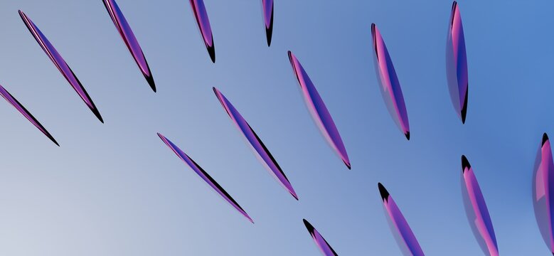 Elegant abstract 3D falling purple glass crystal shards on soft blue gradient background minimalist wallpaper
