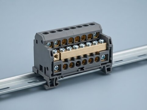 Gray Industrial Terminal Block on Metal DIN Rail with Screw