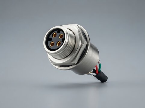 Stainless Steel Circular Connector with 4 Gold Pins & Wires - Close-Up