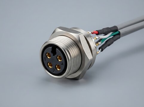 Stainless steel circular connector with four pins and attached wires