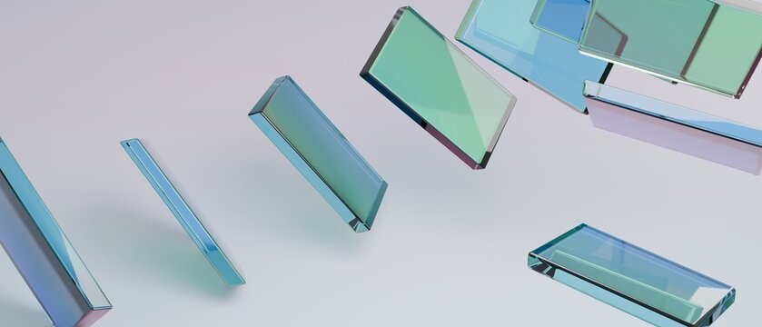Minimalist abstract 3D mint green glass steps sequence on bright white clean studio floor backdrop banner