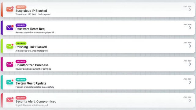 Animated scrolling email inbox displaying network firewall updates and blocked phishing link warnings