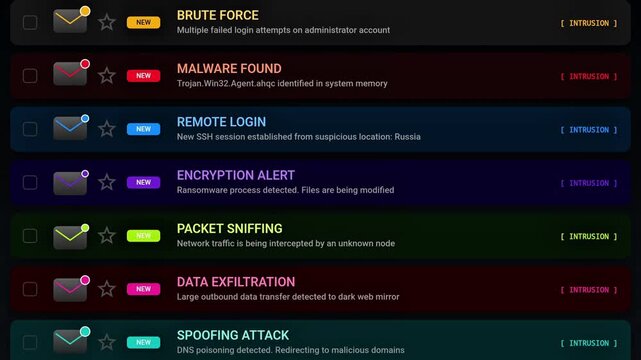 Dark theme email inbox animation displaying critical IT security intrusions and network malware threats