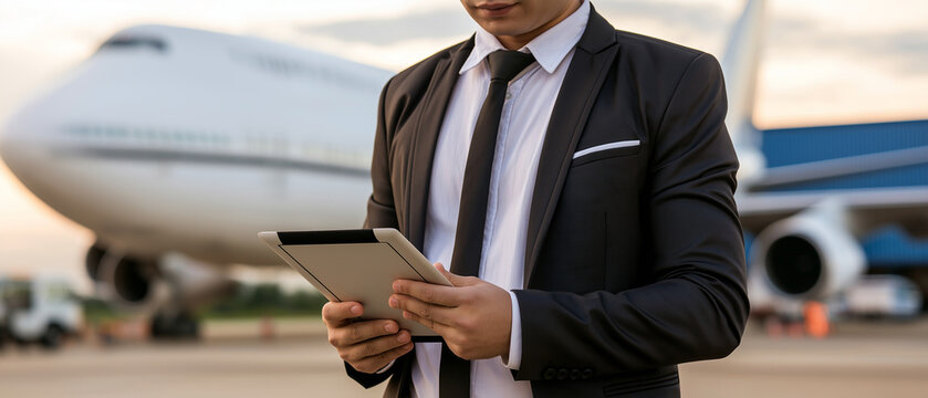 Business Traveler with Tablet: A distinguished businessman in a sharp suit and tie stands confidently on the tarmac, a tablet in hand, with a luxurious private jet gleaming in the background.