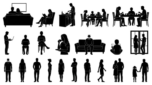 Architectural Home People Silhouette Collection with Family Lifestyle CAD Vectors