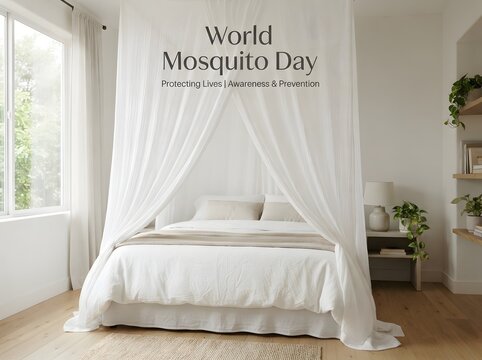 World mosquito day poster with a bed featuring a white canopy net in a cozy bedroom