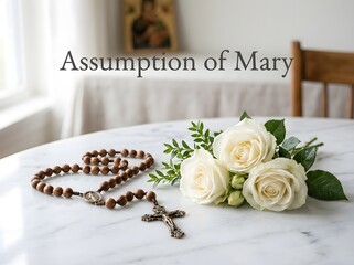 Catholic rosary beads and white roses on a table for the assumption of mary celebration
