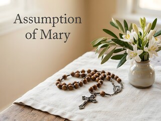 Wooden rosary beads and white lilies for the celebration of the assumption of mary