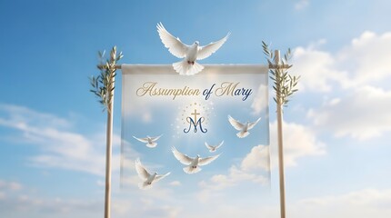 Assumption of mary banner with white doves flying in a beautiful blue cloudy sky