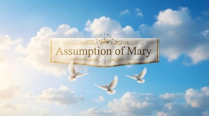 Assumption of mary sign with flying white doves in a bright blue sky with fluffy clouds