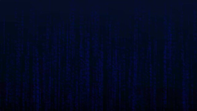 Glowing binary code cascades down a dark screen. This binary code represents programming and cybersecurity. Add this binary code loop to digital technology videos.