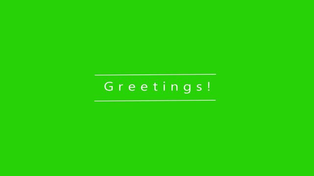 Simple White Text Greetings Centered on a Vibrant Bright Green Background with Subtle Horizontal Lines Above and Below the Word Greetings, announcement, welcome, hello, message, text, typography