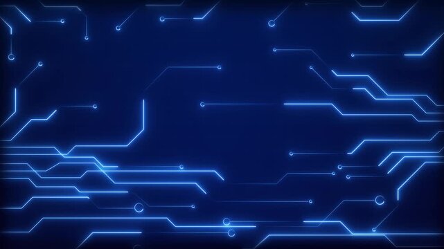 Blue digital circuit board lines glow on a dark screen. This circuit board represents computer technology networks. Use this looping circuit board graphic for tech.
