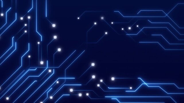 Blue glowing circuit board lines pulse on a dark background. This circuit board represents microchips and digital power. Add this circuit board loop to tech videos.
