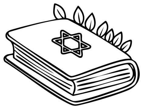 Illustrated Jewish Book with Star of David and Leaves for Coloring Book Page