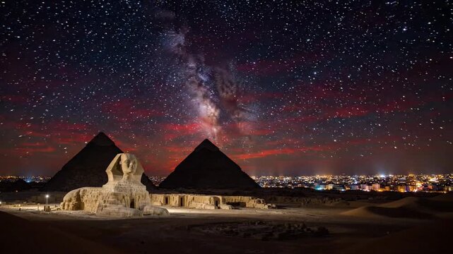 Giza pyramids day to night sunset with milky way