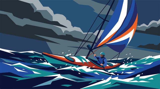 Sailing kayak with windsurf sail on ocean vector illustration. Man paddling canoe in rough sea water. Geometric stormy landscape design.