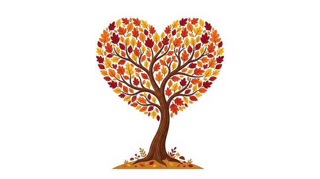 Heart shaped autumn tree illustration featuring colorful fall foliage leaves and whimsical seasonal nature elements on a clean white background design
