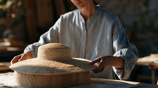 Milliner shaping a straw hat brim over a wooden block mold in a sunlit accessory workshop, fashion headwear craft, bespoke hat making, textile artisan, atelier production, couture