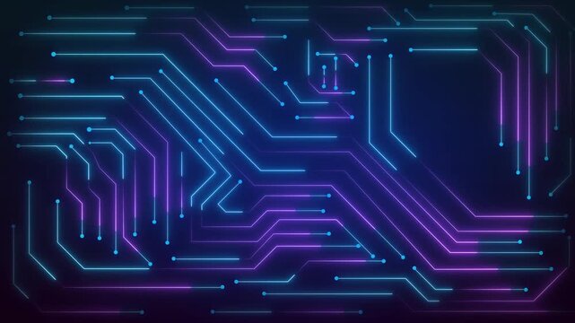 Neon lines form a futuristic circuit board pattern on screen. This circuit board represents high-tech digital processing. Use this circuit board loop for tech videos.