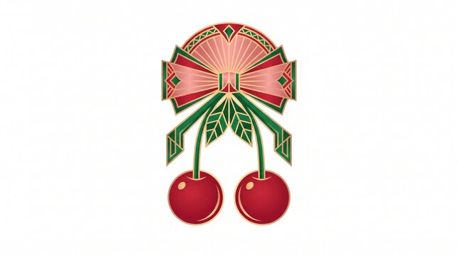 Stylized Art Deco cherries motif with geometric green and pink ribbon bow, luxury retro vector illustration