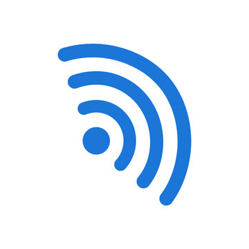 Isolated blue wifi signal icon with concentric arcs on a white background, representing wireless connection and data transmission