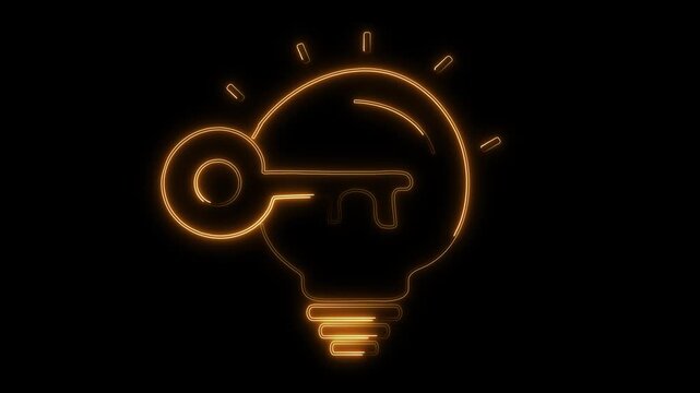 An orange neon light bulb glows with a digital key symbol. This neon light bulb represents creative concepts and solutions. Add this neon light bulb loop to business.