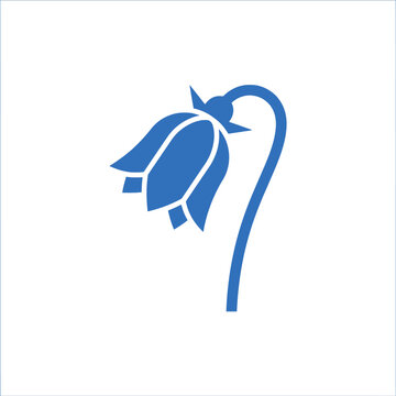 Isolated bluebell flower silhouette, simple botanical illustration with curved stem on white background, delicate nature icon