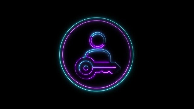 A neon user icon glows on screen with a security key symbol. This neon user icon represents secure login and safety. Add this neon user icon loop to cyber tech clips.