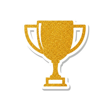 Isolated golden glitter trophy cup with handles on white background, symbol of victory and achievement