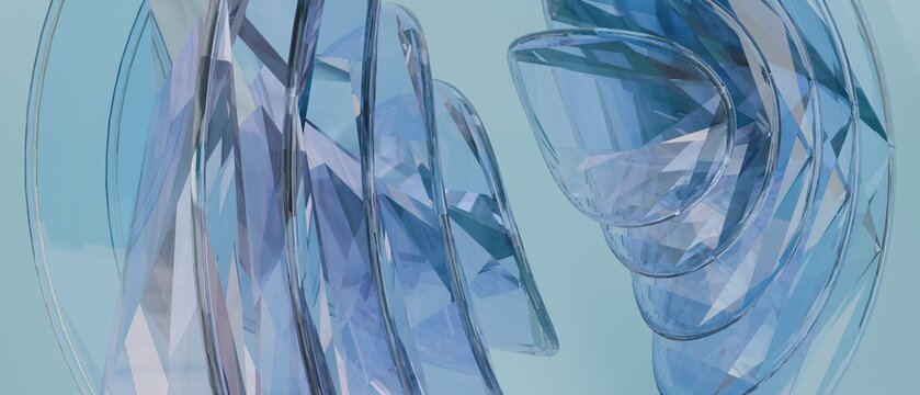 Luxury Blue Transparent Crystal Glass Abstract Background with Geometric Spiral Shapes Modern 3D Illustration