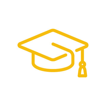 Isolated graduation cap icon outline with tassel, simple education symbol in golden yellow, academic achievement concept