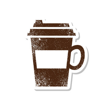 Isolated grunge coffee cup with lid and label area, textured graphic element for cafe branding