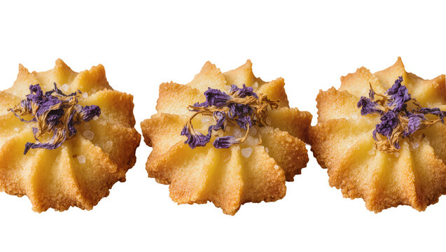 Isolated artisanal butter cookies topped with dried lavender petals and crunchy sugar