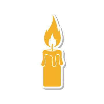 Isolated lit orange candle with dripping wax and a bright flame, simple flat icon design