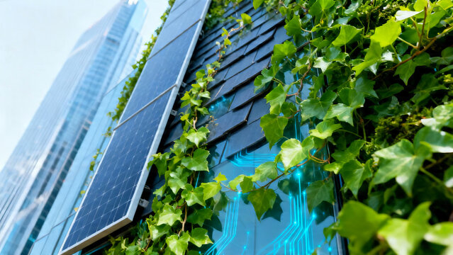 Smart Green Skyscraper Facade Close-up with Fiber Optics