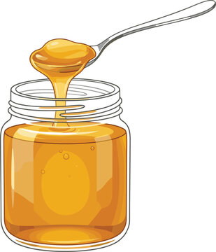 Sweet Golden Honey Glass Jar Vector Illustration with Silver Spoon Dripping Liquid Honey for Food Packaging, Breakfast Menus, and Organic Product Designs