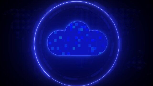 A digital cloud icon glows inside a neon circle on screen. This digital cloud represents global web hosting and servers. Enhance IT presentations with this digital cloud.