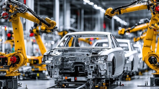 Automated car manufacturing with robot arms assembling automobile chassis on a factory floor.