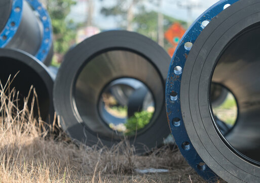 High-density polyethylene (HDPE) or steel pipes are used for high-pressure water supply these blue, flanged and bolted pipes are installed both above and below ground.