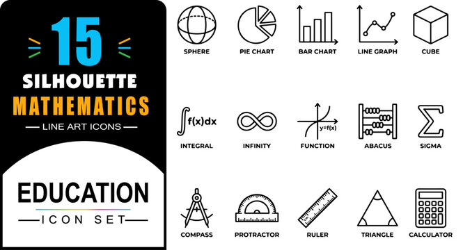 Mathematics line art icons set, 15 silhouette education symbols for geometry and algebra, black thin stroke math vector elements for school