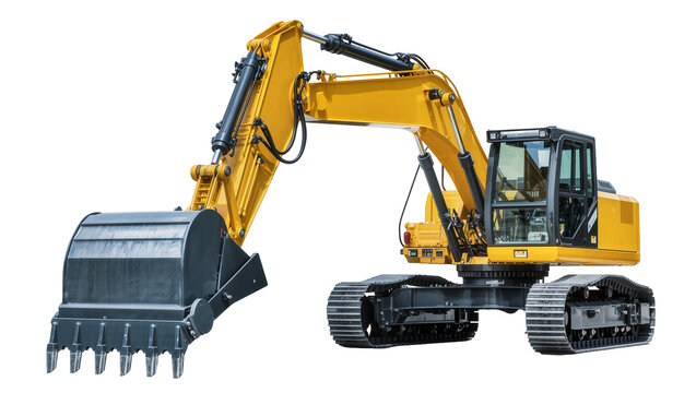 Isolated powerful yellow excavator with a large digging bucket for heavy construction work