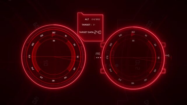 Red digital displays show futuristic telemetry data. These digital displays represent spacecraft cockpit gauges. Use these digital displays for your sci-fi videos.