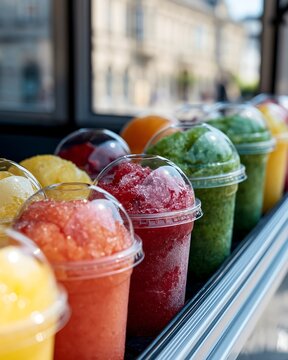 Frozen fruit slush drinks in takeaway cups displayed for sale during hot summer weather. Refreshing beverages for urban cooling, hydration and seasonal street food
