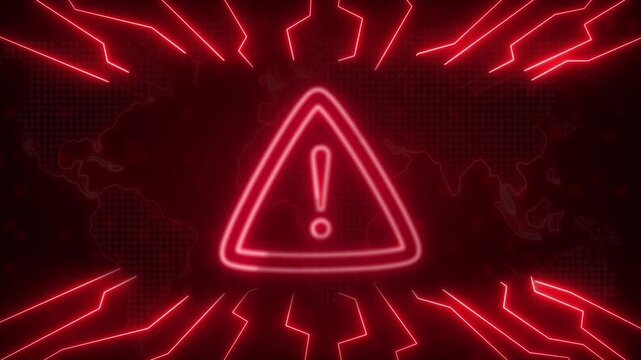 A red neon warning sign glows with an exclamation point. This neon warning sign represents system danger and cyber risks. Use this neon warning sign loop for safety.