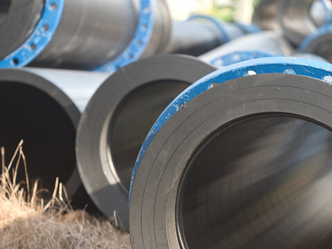 High-density polyethylene (HDPE) or steel pipes are used for high-pressure water supply these blue, flanged and bolted pipes are installed both above and below ground.