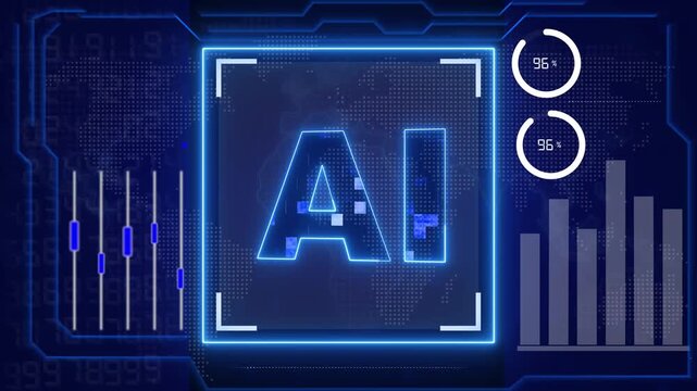 A futuristic AI interface displays glowing data and charts. This AI interface represents modern automated machine learning. Use this AI interface loop for presentations.