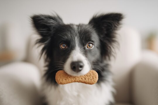 Border collie dog holding bone shaped treat in mouth, close up portrait of cute pet waiting for reward, canine nutrition and obedience training concept