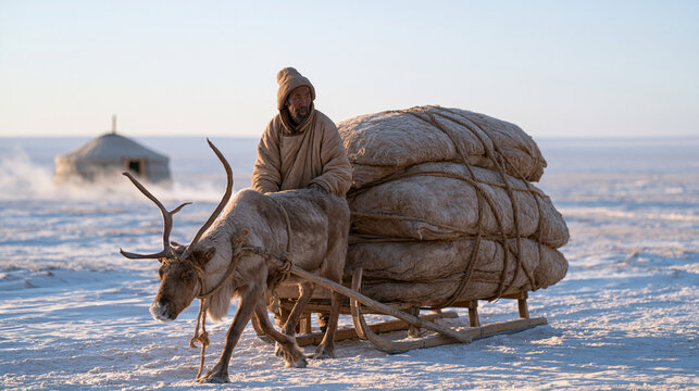 A Mongolian herder loading packed felt goods onto a wooden sleigh in a snow-covered steppe, yurt entrance visible in the background, reindeer breath steaming in the bitter air,