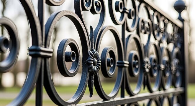Decorative garden fence with circular iron scroll patterns.